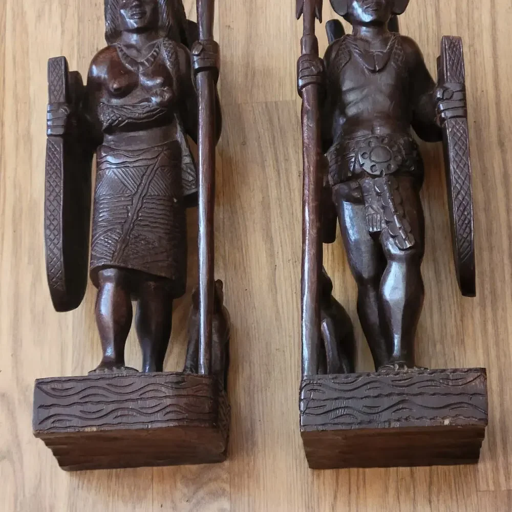 Vintage Latin American Carved Wood Book ends Statues Men and Women with dog